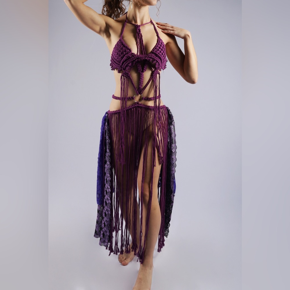 Original GoodVibeGoda Handmade Macramé Rope Elegant Purple Fringe Dress